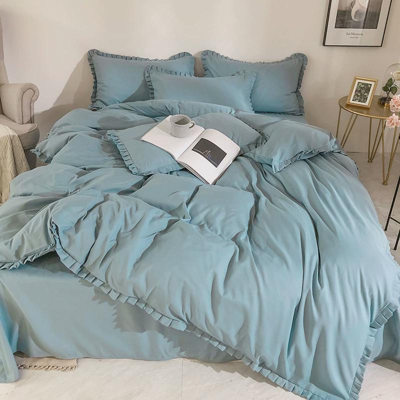 6b76ins公主粉纯色花边四件套被套款1.5/1.8米床上用品床笠床单三