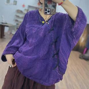 素喜高订工艺纯亚麻手工缝扣麻衫 斜襟盘扣套头上衣复古 宽松九分袖