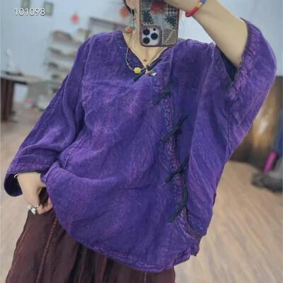 素喜高订工艺纯亚麻手工缝扣麻衫宽松九分袖斜襟盘扣套头上衣复古