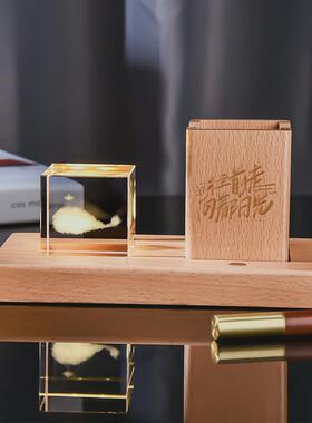 木质发光底座3d内雕水晶块小夜灯星系创意笔筒桌面摆件礼品