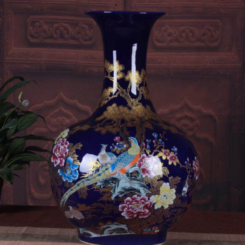 陶瓷花瓶摆件批发牡丹金鸡蓝色落地大花瓶家居客厅装饰工艺品