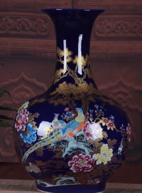 陶瓷花瓶摆件批发蓝色金鸡落地大花瓶牡丹家居客厅装饰工艺品