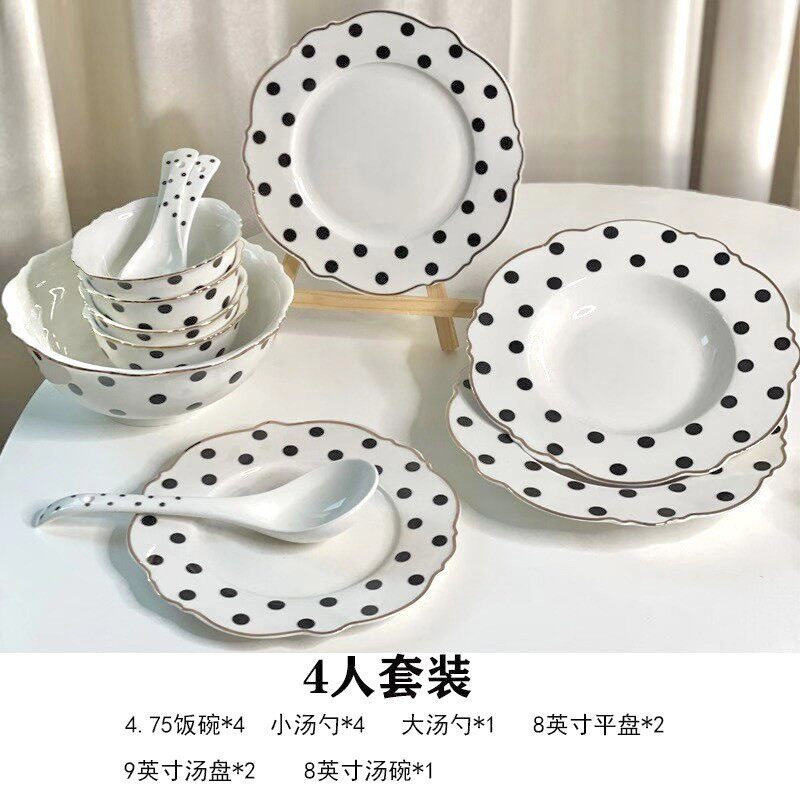 轻奢金边波点碗餐具圆盘组合套装西餐厅耐高温勺子汤盘釉下彩餐具