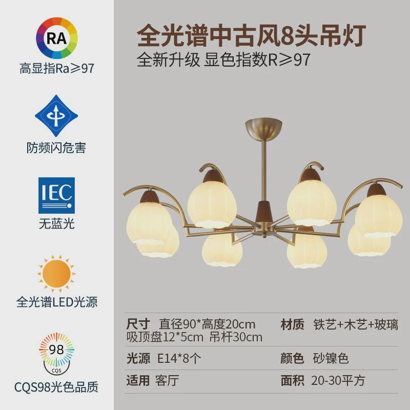 法式复古中国风客厅吊灯美式餐厅灯具古风卧室胡桃木玻璃灯中山中