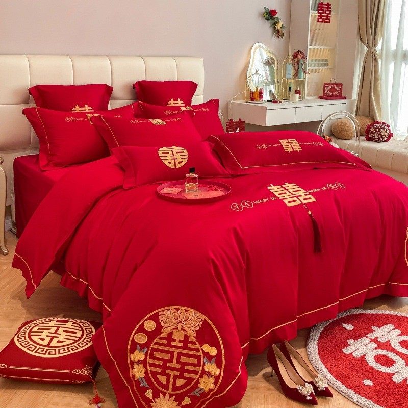 高档中式百子图刺绣结婚四件套红色被喜床单被套婚庆床上用品批发,床上用品,床品套件/四件套/多件套,淘宝优惠券,粉丝福利购,淘宝优惠卷