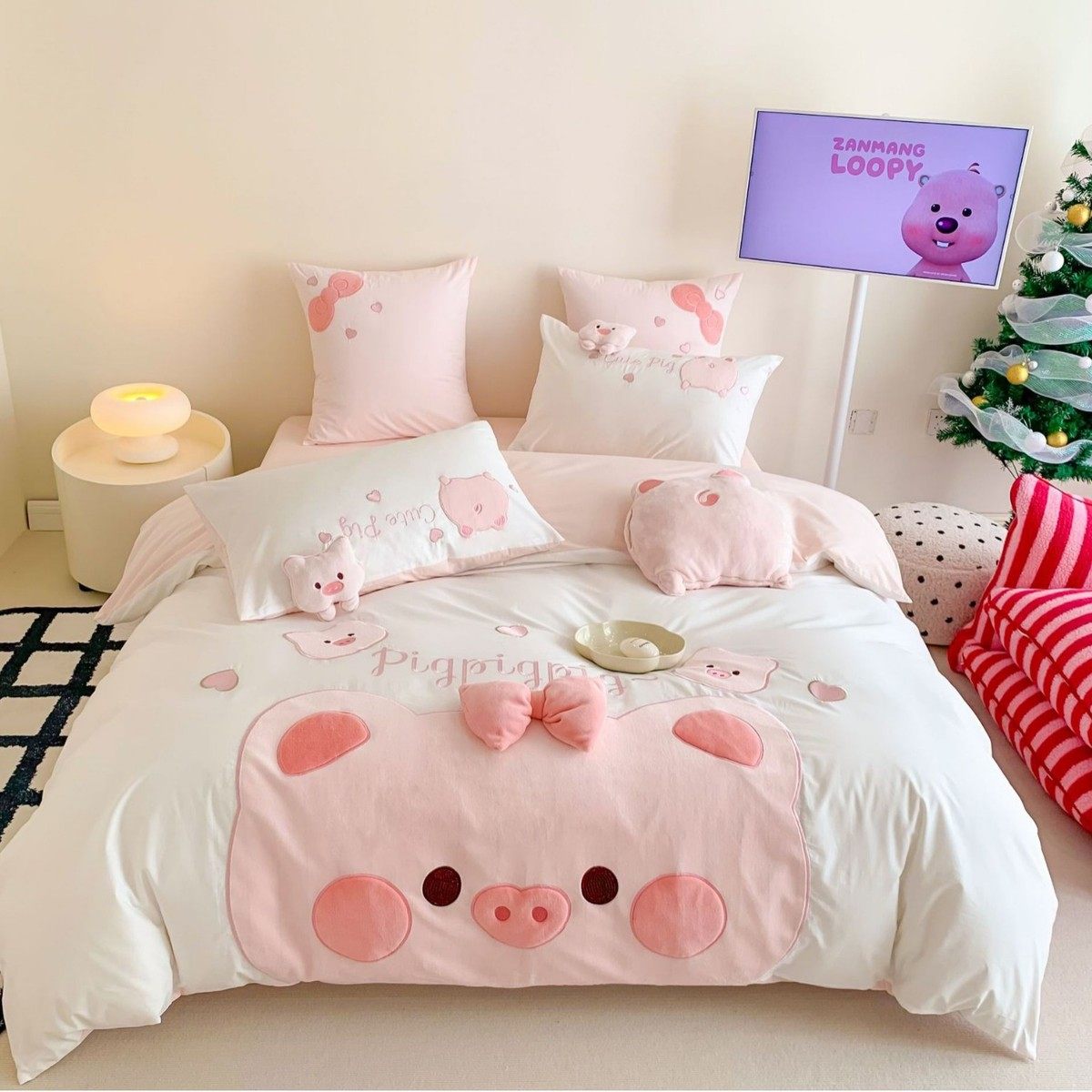 可爱学生宿舍小猪头贴布绣加厚水洗棉立体床上三四件套,床上用品,床品套件/四件套/多件套,淘宝优惠券,粉丝福利购,淘宝优惠卷