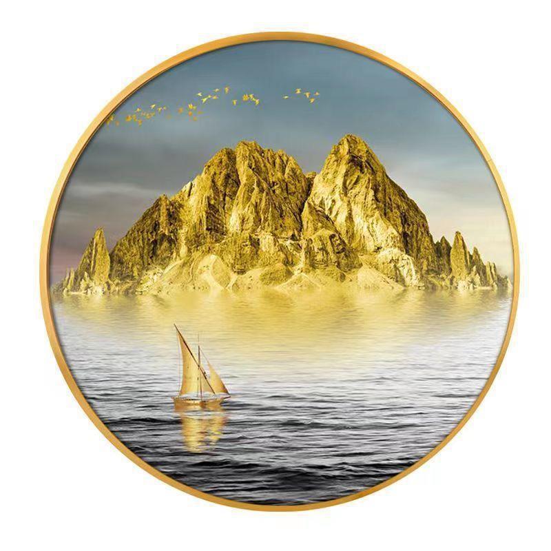 背有靠山装饰画镶钻日照金山圆形墙面壁画办公室酒店背景山水挂画图片