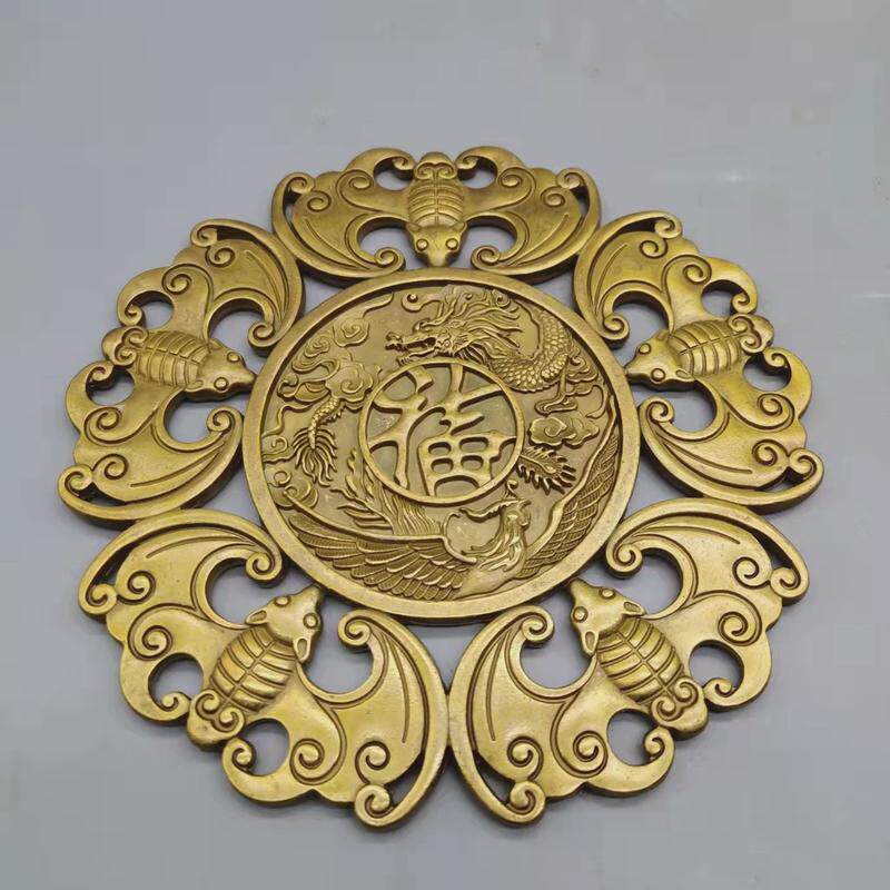 仿福字五福古铜家居摆件古玩铜器收藏龙黄铜凤五福牌挂工艺品