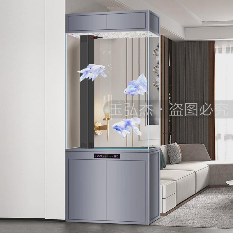 屏风鱼缸客厅入户玄关柜现代轻奢酒店办公室隔断底滤水族箱免换水