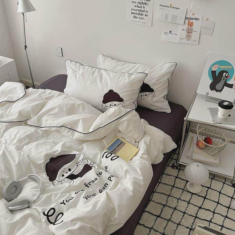 少女心简约四件套柔软水洗棉可爱床单被套重工嵌绳刺绣宿舍三件套