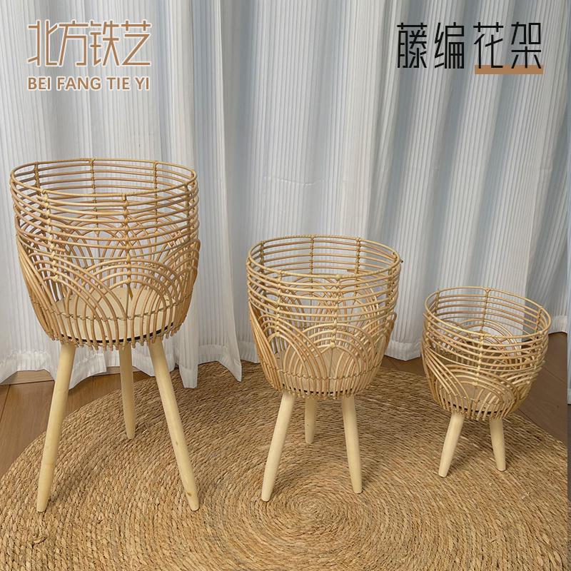 藤编花架客厅花篮手工室内草编木质简约编织篮创意原木草编花盆