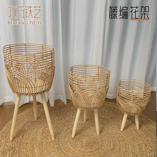 藤编花架手工花篮室内客厅草编木质简约编织篮创意原木草编花盆