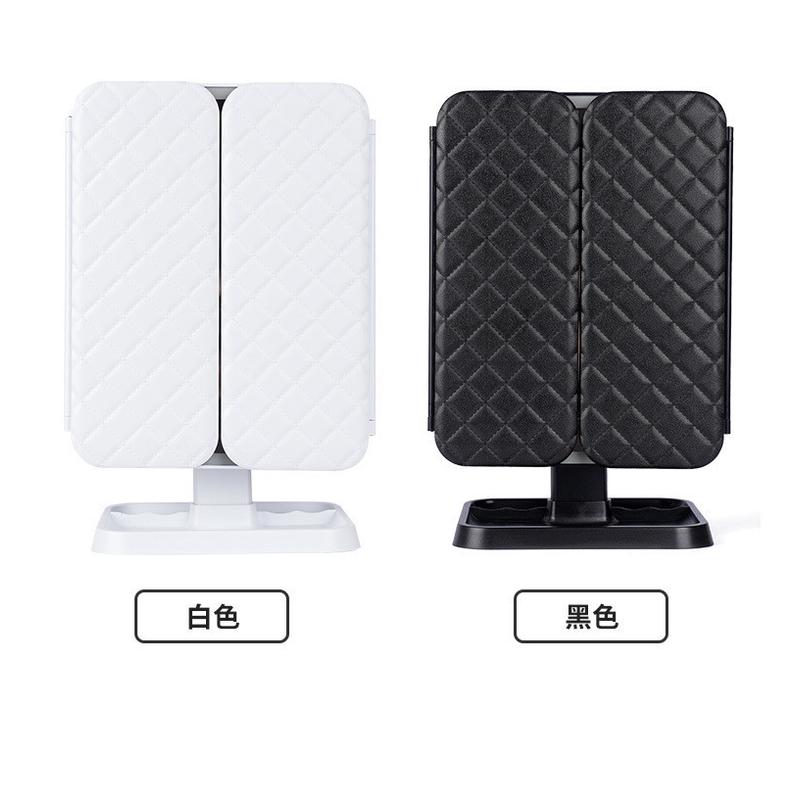 新款皮纹三开门led折叠镜子时尚补光梳妆镜网红美妆化妆镜带灯