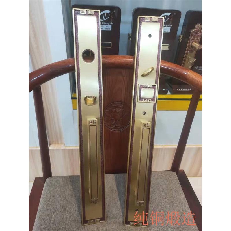 新中式黄铜古典农村别墅门把手木门纯铜芯铜锁双开门按压全铜门锁