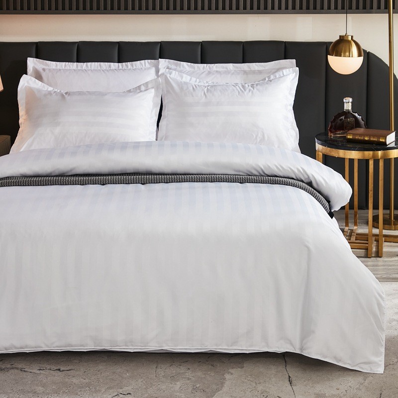 热销床单被套宾馆白色缎条酒店四件套民宿宾馆床上用品四件套酒店