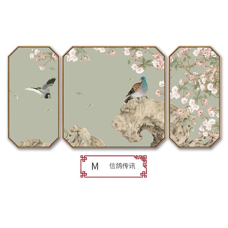 新中式客厅沙发背景墙装饰画花鸟三联画八边形挂画禅意中国风壁画