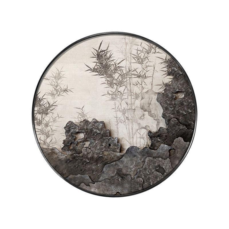 新中式床头禅意装饰画圆形墙面挂画餐边柜中式风格装修餐厅玄关灰