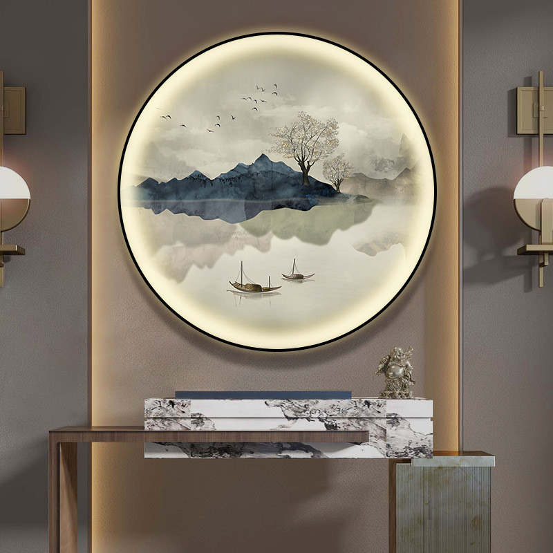 圆形山水画新中式玄关挂画茶室背景墙装饰灯画水墨画茶水间装饰画