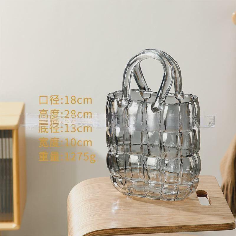 北欧网红包包玻璃花瓶手提蓝原色创意摆件轻奢客厅水养插花装饰品