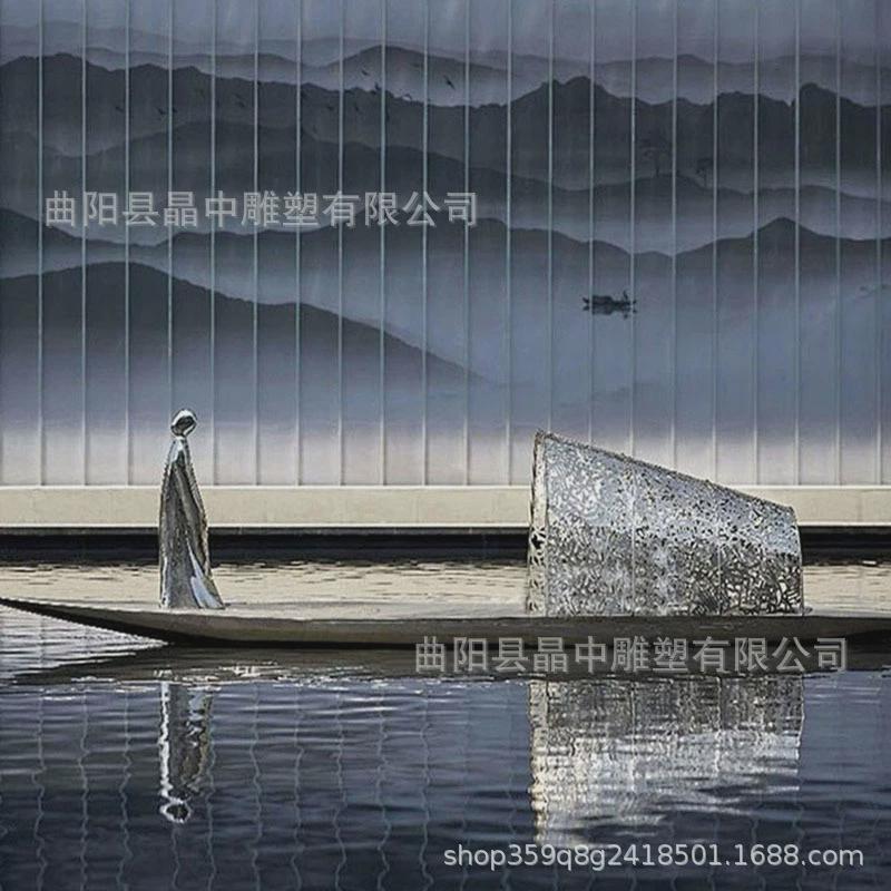 定制不锈钢抽象镜面人物雕塑地产草坪水景售楼部酒店大堂景观摆件