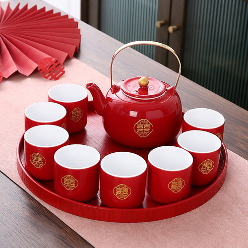 结婚改口敬茶杯新款茶具套装喜庆中式新娘订婚托盘陪嫁红色礼茶壶