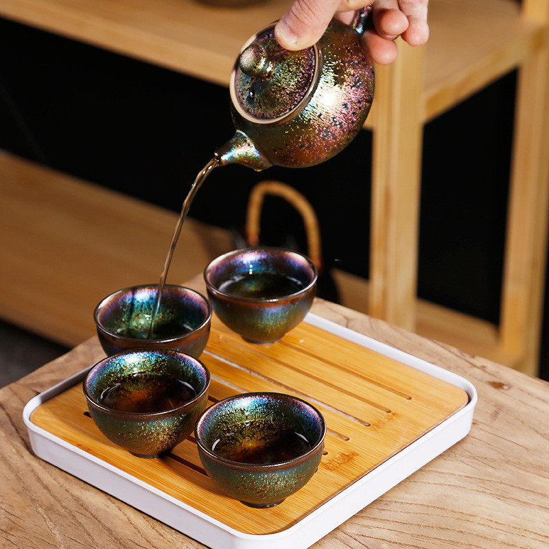 古盛窑建盏茶具套装天目釉七彩孔雀釉窑变功夫茶具陶瓷茶具套装