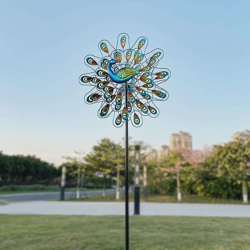 户外金属铁艺旋转风车铁艺孔雀双面造型风车花园庭院装饰工艺品