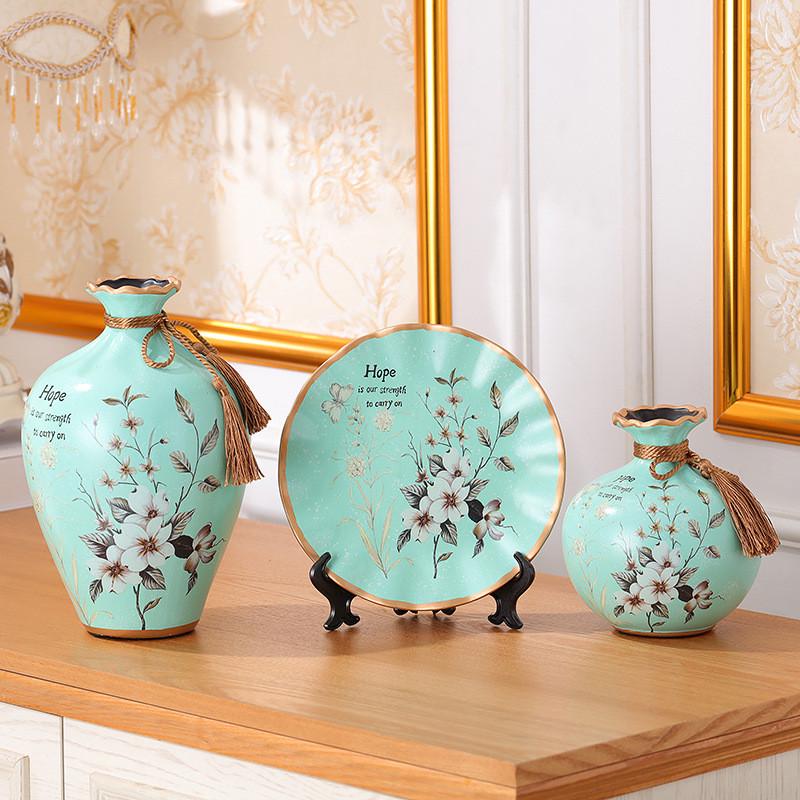 创意客厅装饰陶瓷花瓶摆盘三件套简约欧式家居美式手工艺品摆件