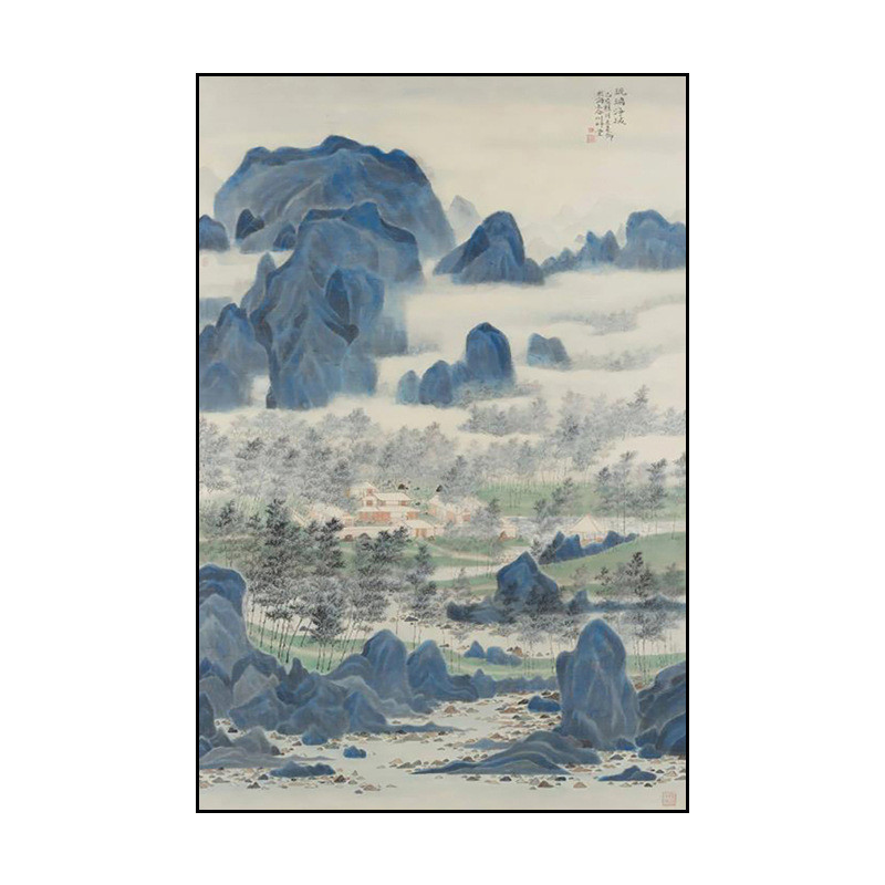 新中式蓝色山水风景客厅装饰画卧室书房茶室古典国画玄关壁画挂画