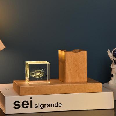 木质内雕底座3d发光水晶块小夜灯星系创意笔筒桌面摆件礼品