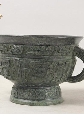 簋簋商代晚期饭食器鸟纹兽面纹两耳驘盆仿古青铜器工艺品收藏摆件