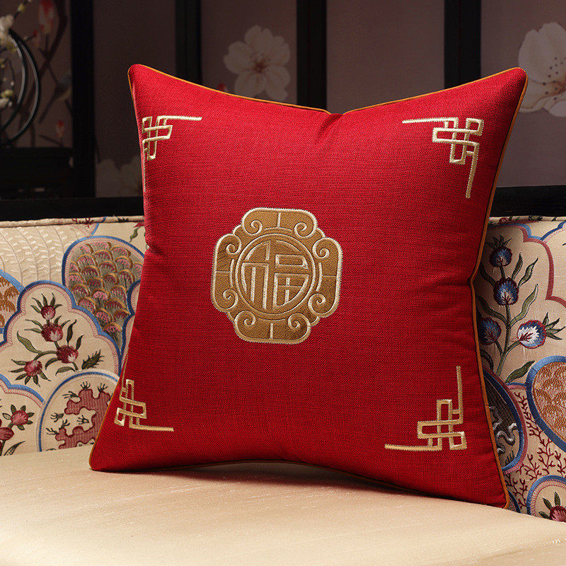 a6l中式抱枕刺绣棉麻红木沙发靠垫套风客厅实木家具靠枕床头腰枕