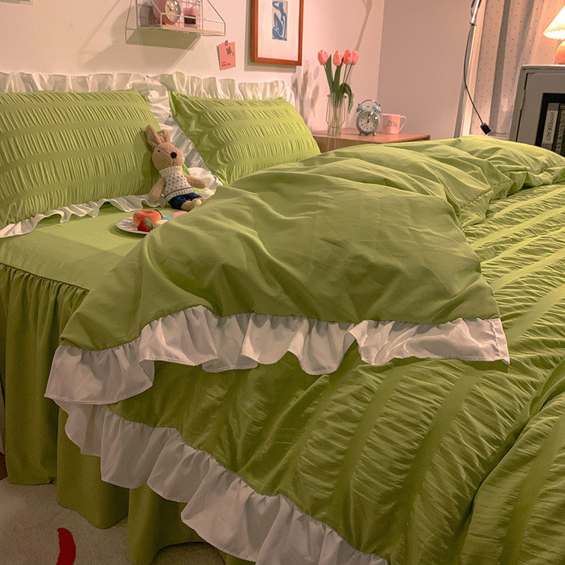 韩式公主风泡泡纱水洗棉四件套边款花床裙款少女心床单被套三件套