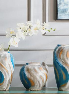 热销天水蓝家居饰品陶瓷花瓶现代简约装饰花店花插仿真假干叶脉花