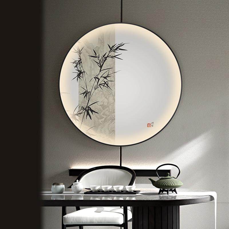 2fled灯光画挂画带灯中式竹子玄关装饰画走廊过道轻奢进门圆形壁