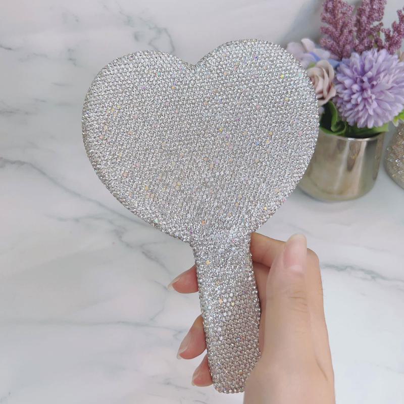 心形批发高档厂家镜子小巧便携陶泥镶钻手持化妆镜精致美容手柄镜