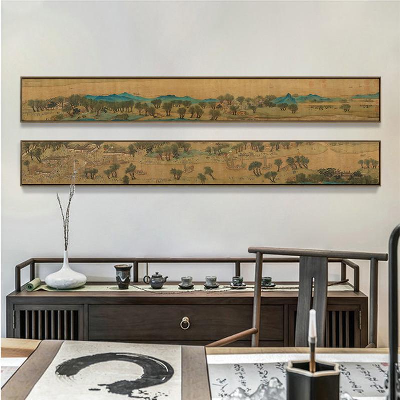 清明上河图水墨挂画新中式客厅背景墙装饰画茶室餐厅酒店壁画长条