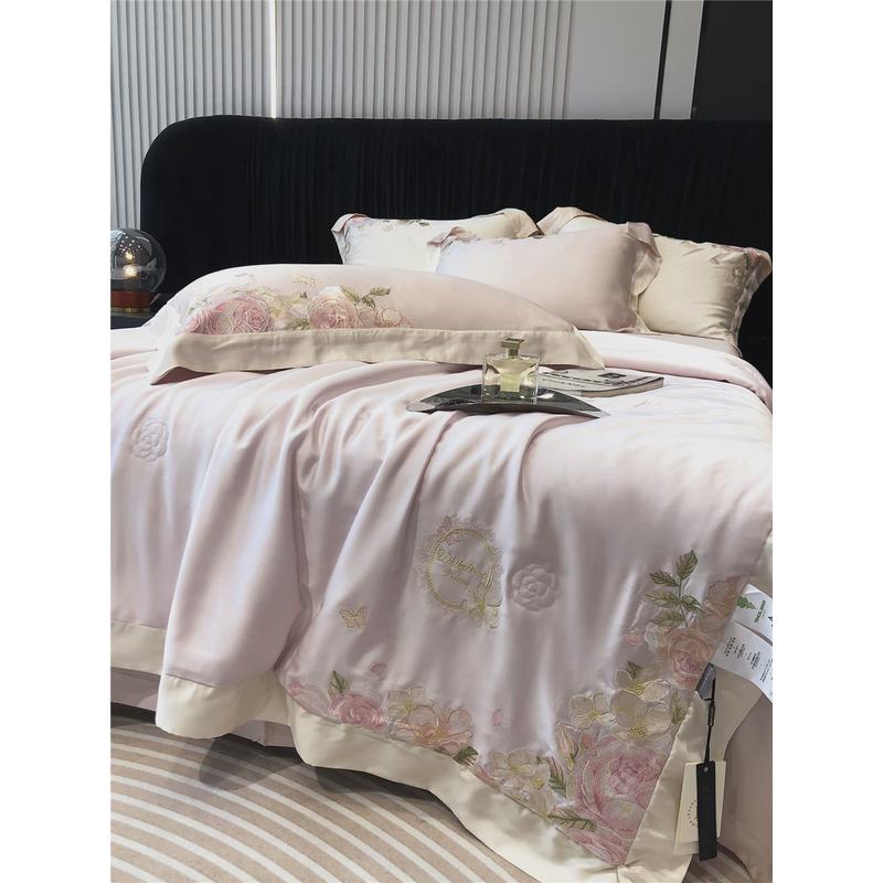 法式花卉刺绣夏凉被高端兰精莱赛尔天丝空调夏被四件套莫兰迪庄园