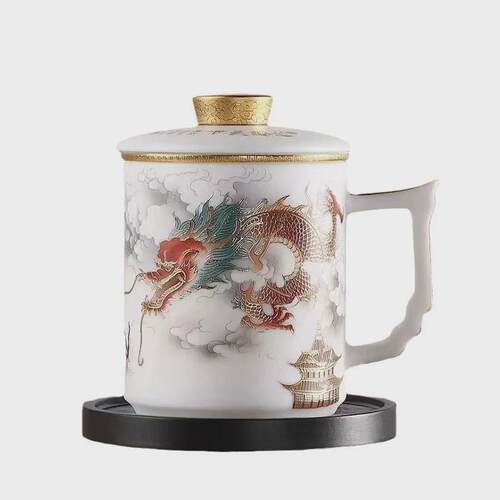 高端羊脂玉瓷功夫茶杯茶水分离带盖高档陶瓷办公室泡茶杯套装礼品
