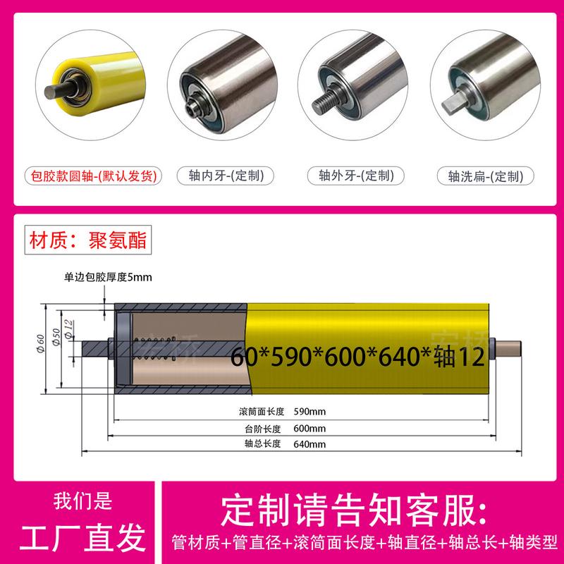不锈钢无动力滚筒轻型托辊胶辊包胶滚轮滚轴托辊辊筒流水线滚筒筒