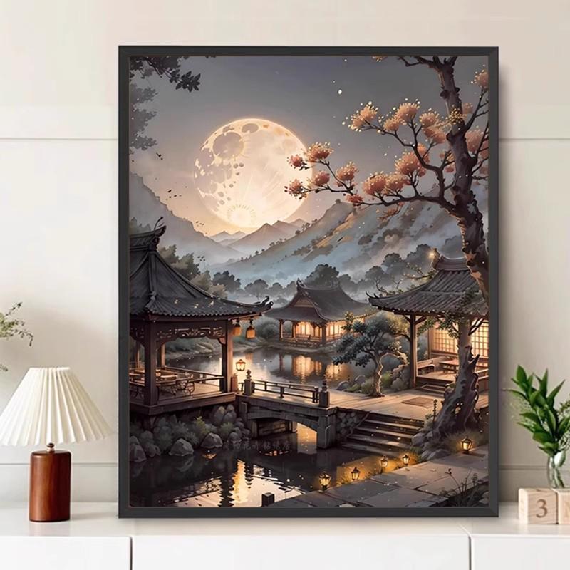 适用桃源小镇钻石画十字绣满钻新款客厅唯美中式夜晚月色风景画钻