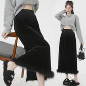 孕妇秋冬外穿黑色加厚丝绒毛绒包臀托腹孕妇直筒开叉裙