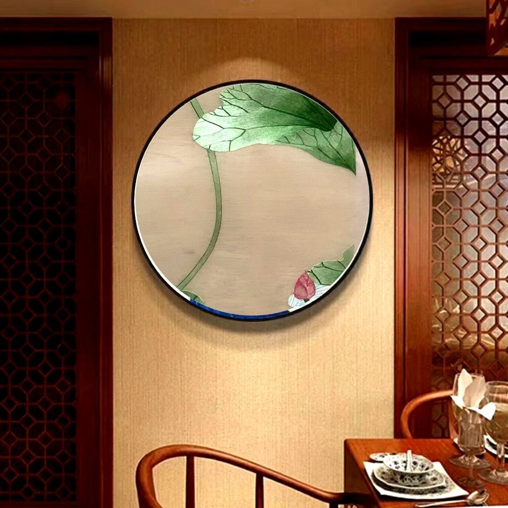 热销苏州非手工刺绣遗荷花单面绣片批发 客厅三联直径30厘米 半成