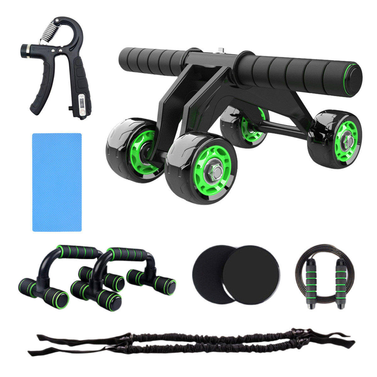 供应4轮静音健腹轮7件套辅助训练跳绳滑行盘俯卧撑健身组合