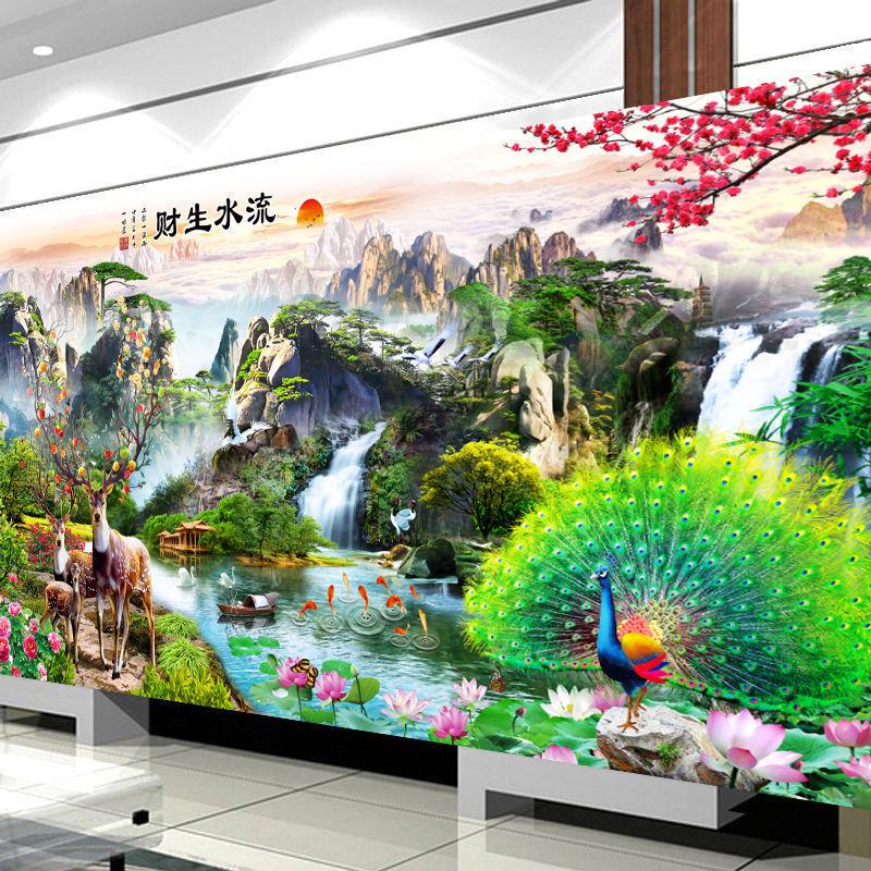 热销新款钻石画满钻流水生财风景山水画迎客松点贴钻十字绣钻石绣