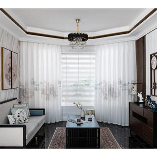 新中式国风山水窗帘阳台隔断帘客厅别墅书房免打孔纱帘透光不透人