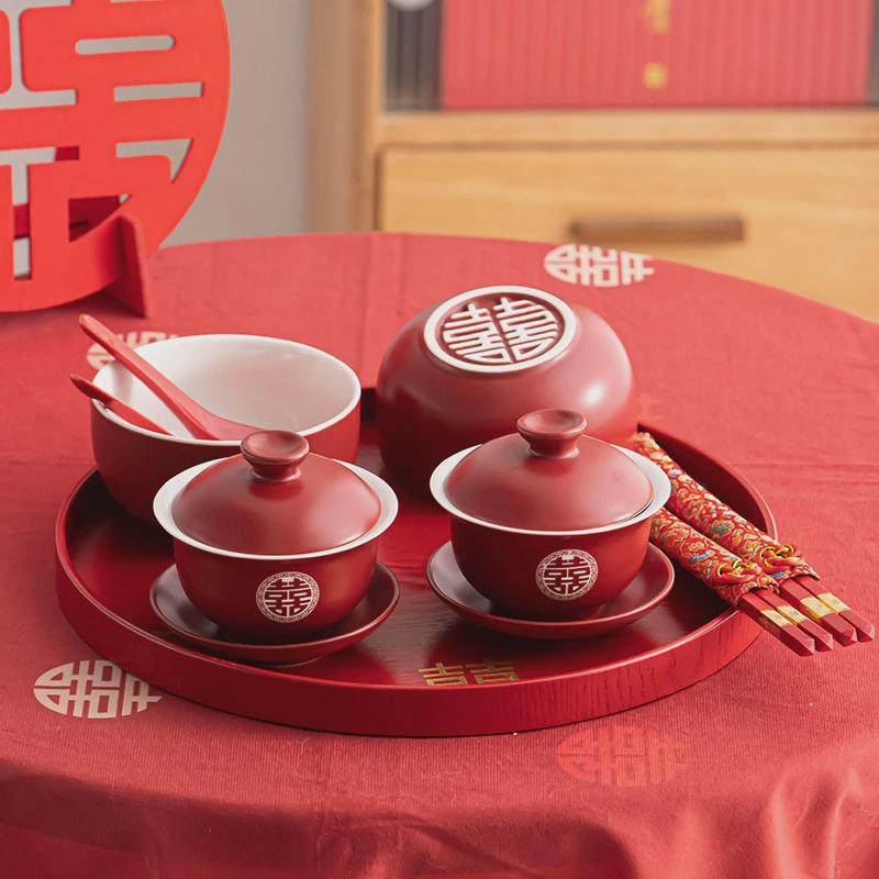 结婚敬茶杯茶具套装茶杯改口盖碗喜碗筷红对碗婚礼用品大全喜新品
