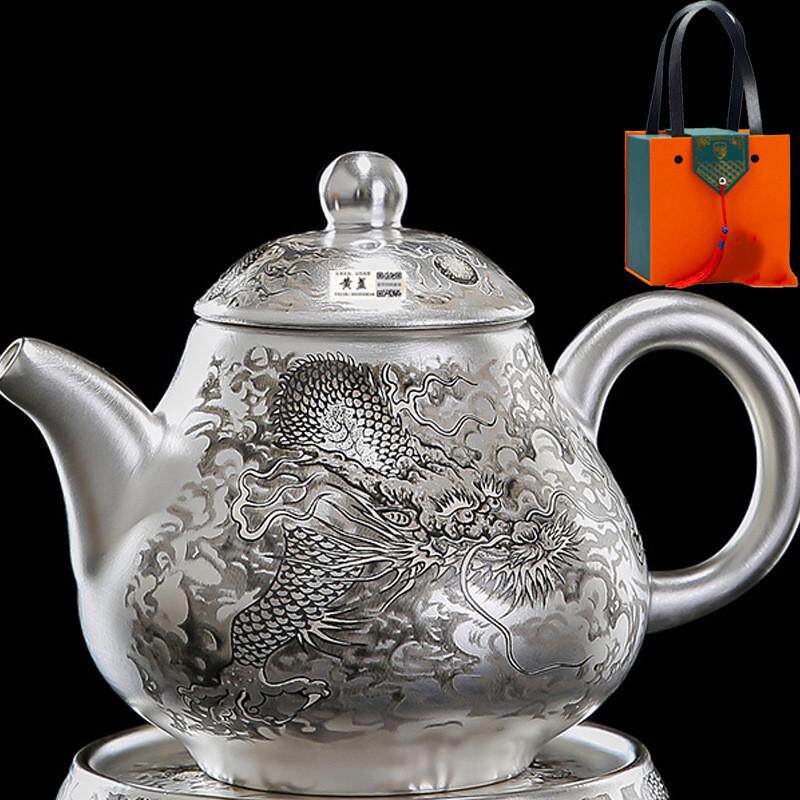 茶具礼品真银包银鎏茶具青龙梨形功夫茶壶瓷茶壶银上作画茶壶承
