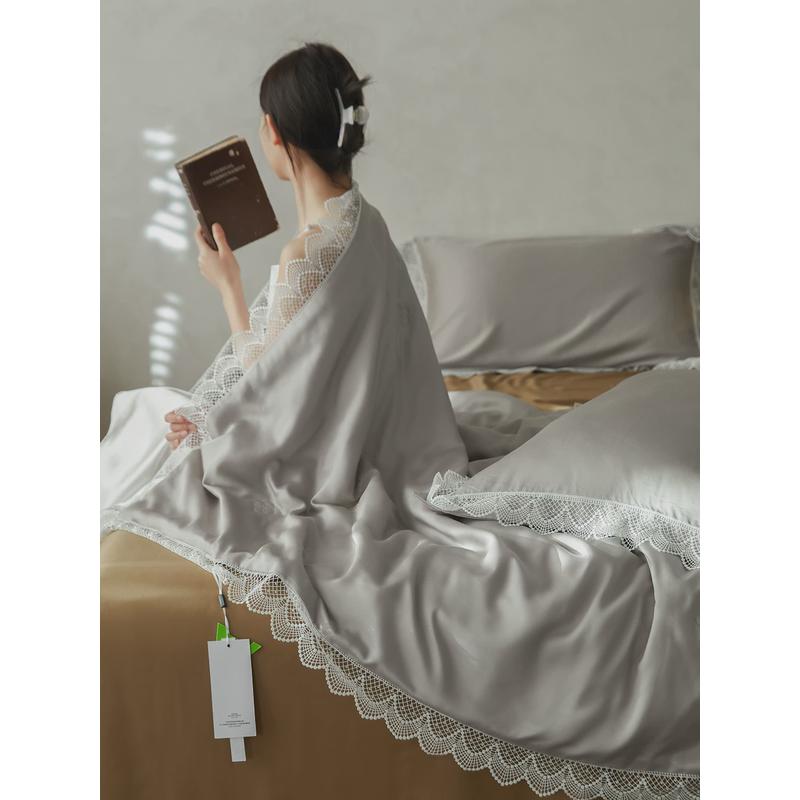 法式100支裸睡精天丝花边夏被四件套可水洗空调被兰冰丝夏凉被子