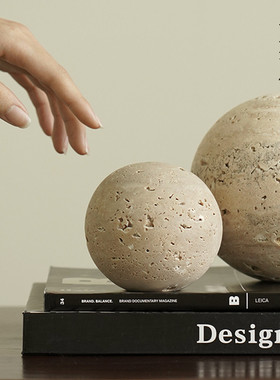 栗石侘寂风圆球洞石几何岩球摆件简约样板房客厅书房桌面装饰品